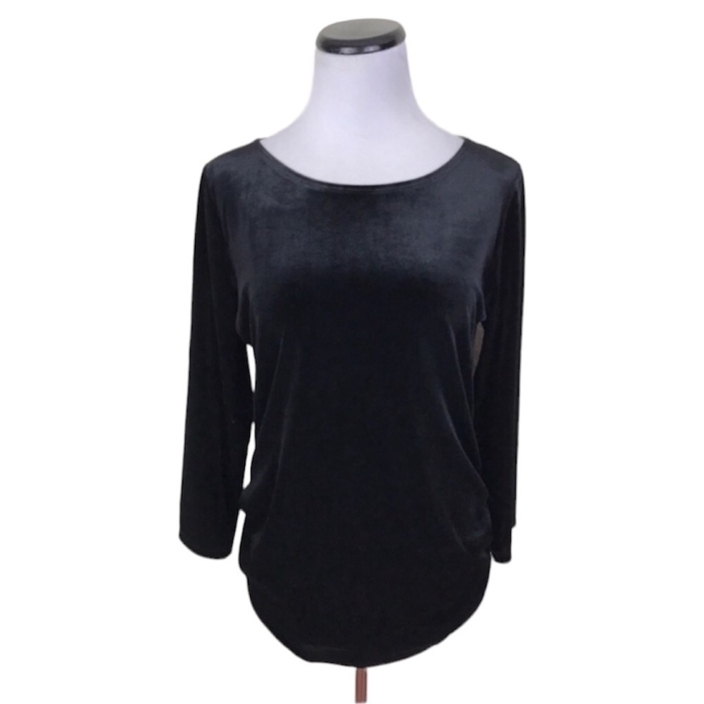 Liquid by Sioni Velvet Ruched 3/4 Sleeve Stretchy Blouse Top Black Size Small